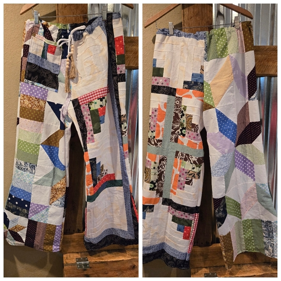 Don't Throw It Out Pants - Upcycled Vtg Quilt Top Barrel Pants M-L Handmade Dont Throw It Out
